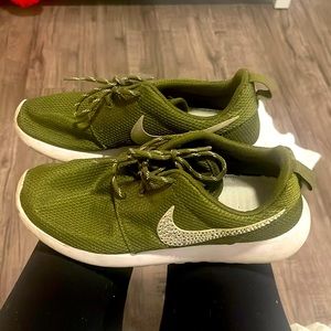 Hand rhinestoned Nike roshe shoes. Olive green. 7.5